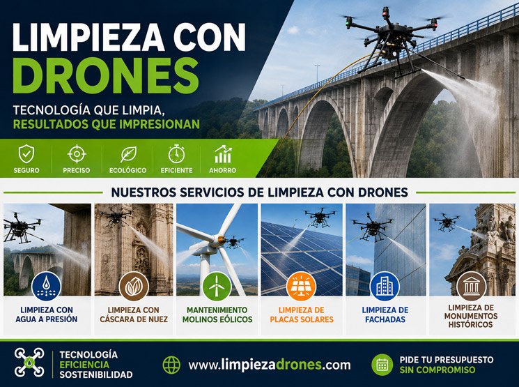 Servicios de limpieza con drones para fachadas, placas solares, molinos eólicos, puentes, viaductos y zonas de difícil acceso España